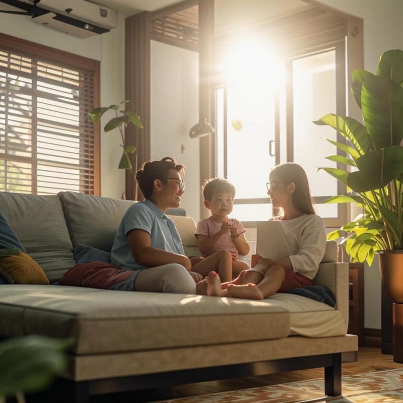 Phòng khách ấm cúng với máy lạnh treo tường hiện đại.